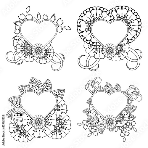Set of Mehndi flower for henna  mehndi  tattoo  decoration. decorative ornament in ethnic oriental style. doodle ornament. outline hand draw illustration. coloring book page.