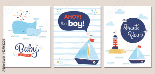 Set of nautical theme baby shower invitation and thank you cards. Summery boy baby shower invitation templates with cartoon whales, sailboat, lighthouse, and seagull.