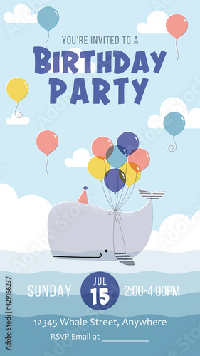 Children's birthday party invitation template with cartoon whale, sea or ocean, and balloons.