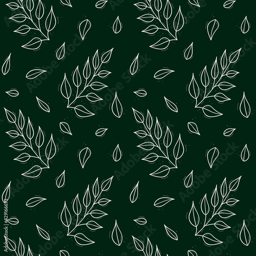Seamless repeating pattern from a branch with rare narrowed leaves.Contour white objects on a dark green.
