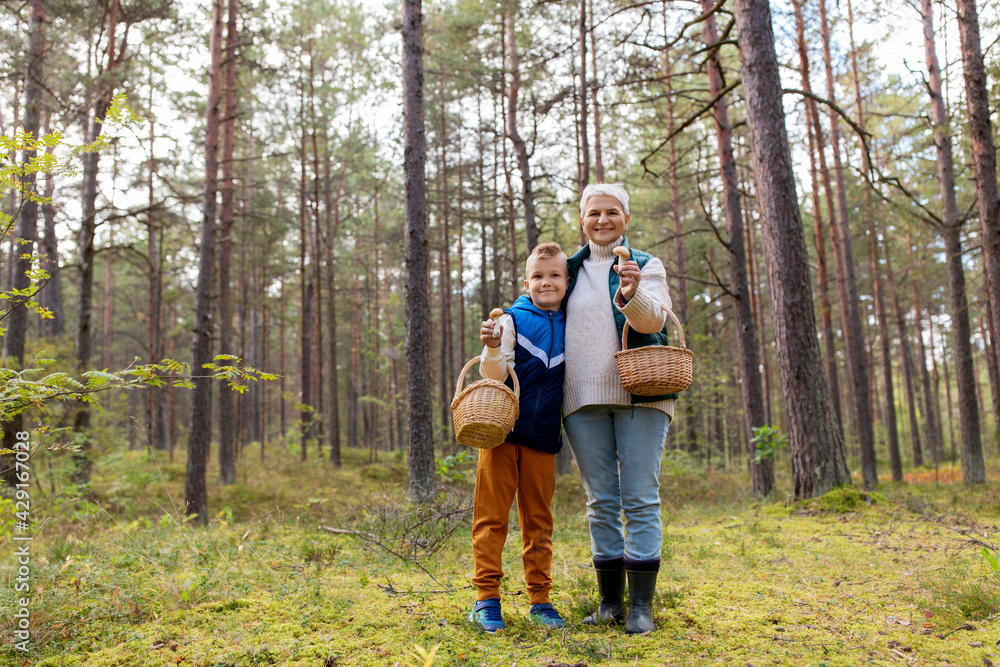 picking season, leisure and people concept - happy smiling grandmother and grandson with baskets and mushrooms in forest