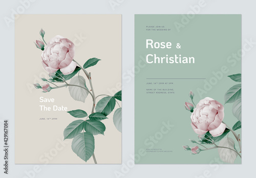 Floral wedding invitation card template design, vintage pink rose with leaves on brown and green