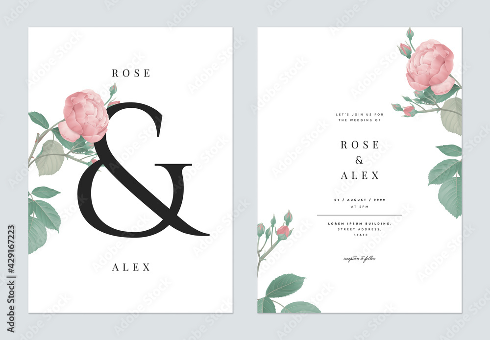 Floral wedding invitation card template design, pink rose with leaves ...