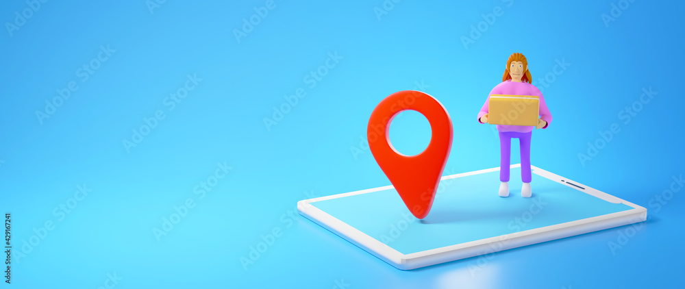 3D render of woman take parcel box. Business online mobile and e-commerce on web shopping concept. Secure online payment transaction with smartphone. 3D render of woman take parcel box. Business online mobile and e-commerce on web shopping concept. Secure online payment transaction with smartphone.