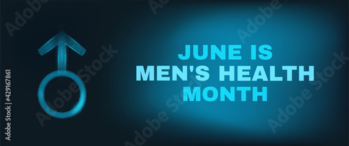 Men"s health month concept. Banner template with text and glowing low poly blue male gender simbol. Vector illustration.