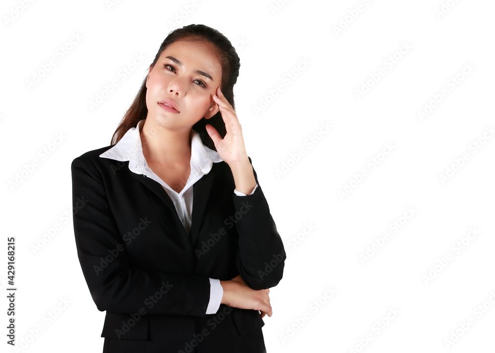 Asian woman wearing black suit holding hand Show headache. Businesswoman showing enough symptoms in white background. Concept Tense serious dissatisfied. Asian woman wearing black suit holding hand Show headache. Businesswoman showing enough symptoms in white background. Concept Tense serious dissatisfied.
