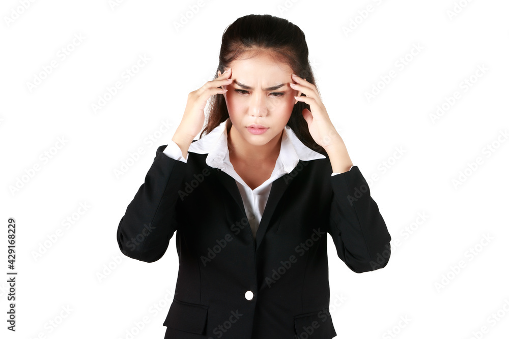 Asian woman wearing black suit holding hand Show headache. Businesswoman showing enough symptoms in white background. Concept Tense serious dissatisfied. Asian woman wearing black suit holding hand Show headache. Businesswoman showing enough symptoms in white background. Concept Tense serious dissatisfied.