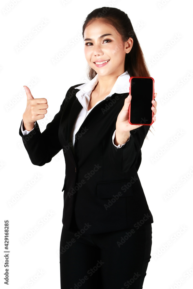 Smiling Asian woman wearing black suit holding hand smartphone and Thumbs up. Businesswoman happy Show success cheerful and bright in white background. Concept happiness successful. Smiling Asian woman wearing black suit holding hand smartphone and Thumbs up. Businesswoman happy Show success cheerful and bright in white background. Concept happiness successful.