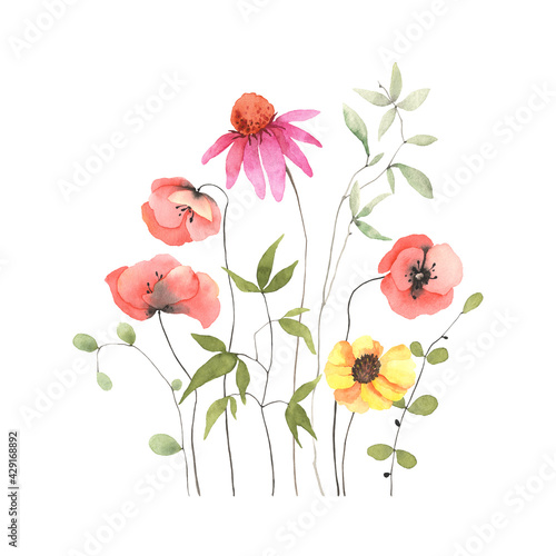 Floral card with colorful wildflowers and abstract green plants  isolated watercolor illustration on white background. Template for invitation or greeting card  poster  summer banner.