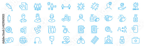 Set of Coronavirus and Vaccine line icons, covid19, Medical mask, health, contagious, epidemic, outbreak, Vector