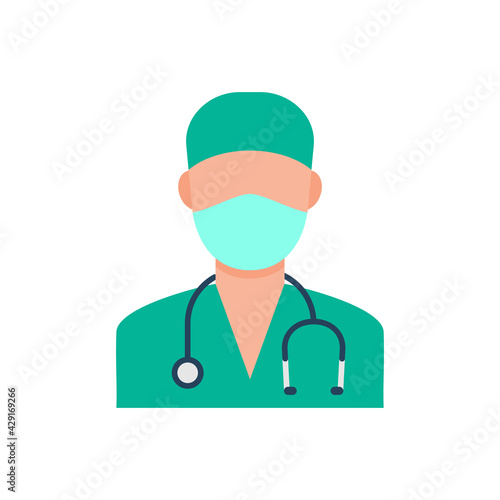 Surgeon with face mask and cap color icon. Medical doctor with stethoscope in protective equipment. Medic and nurse gp avatar in green uniform. Health care concept. Vector illustration, flat, clip art