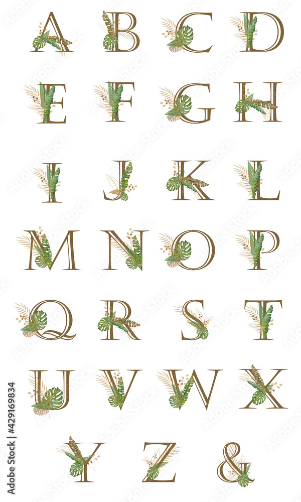 Set of tropical watercolor alphabet letters Set of tropical watercolor alphabet letters