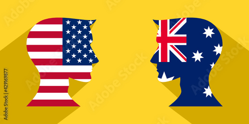 face to face concept with united states and australia flags. banner, sticker, print, decorative
