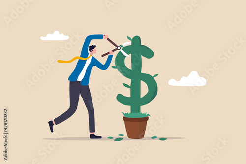 Make profit from investment, earning money, stock capital gain or dividends, growth savings or wealth concept, happy businessman cutting leaves on growing green dollar plant investment tree.