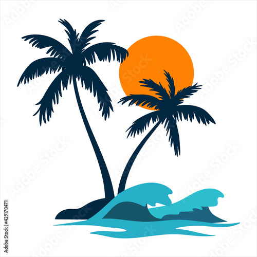 Isolated coconut palm tree sun and wave on white background. Vector design illustration.