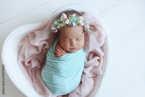 Sleeping newborn baby. Healthy and medical concept. Healthy child, concept of hospital and happy motherhood. Infant baby. Happy pregnancy and childbirth. Children's theme. Baby and childen's goods