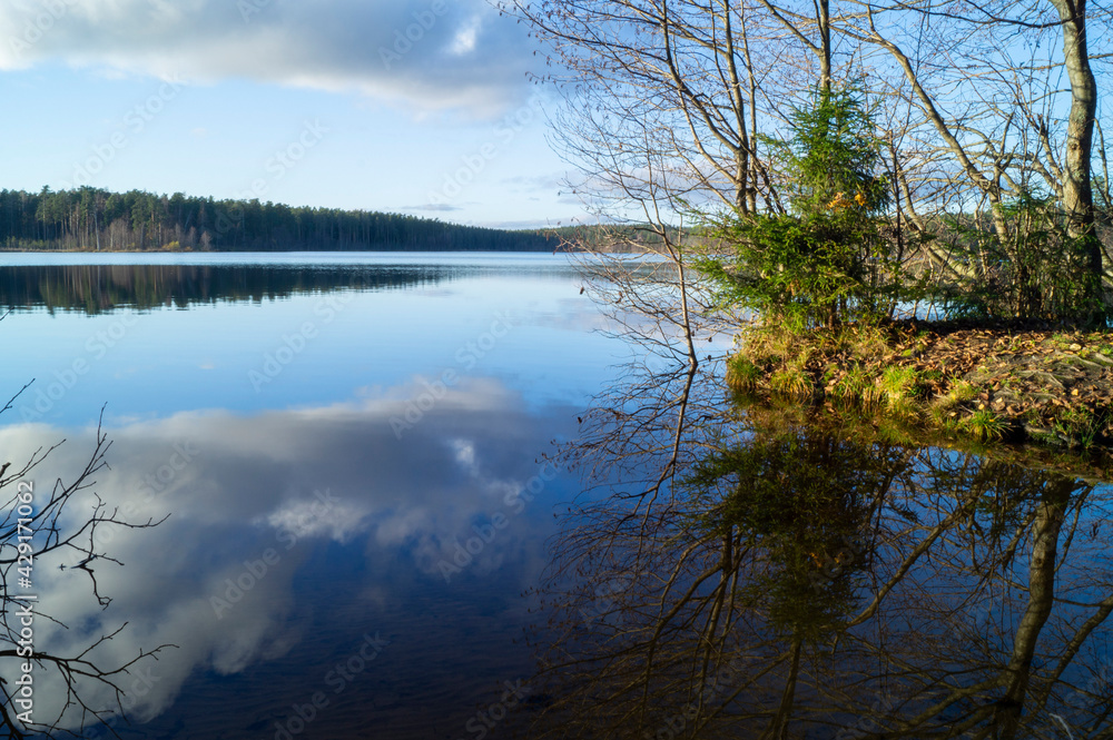 Northern boreal lake in forest with reflection trees in blue water Northern boreal lake in forest with reflection trees in blue water
