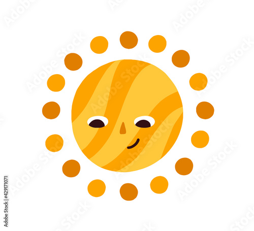 Cute happy summer sun looking down. Sunny character with funny smiling face. ...