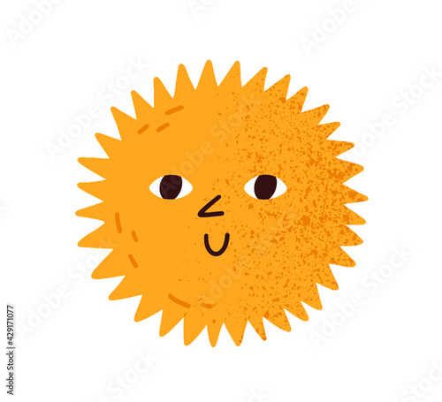 Cute happy smiling sun with eyes. Funny hot summer weather icon. Childish Sca...
