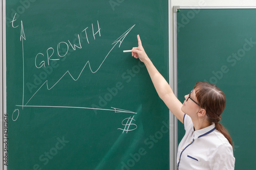 young woman business coach in a white blouse and glasses at the chalkboard in the office draws a profit graph. close-up