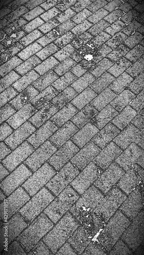 Textured paving slabs in gray. Smooth plane paved with paving slabs at an oblique angle. Just a several gray briks on a floor