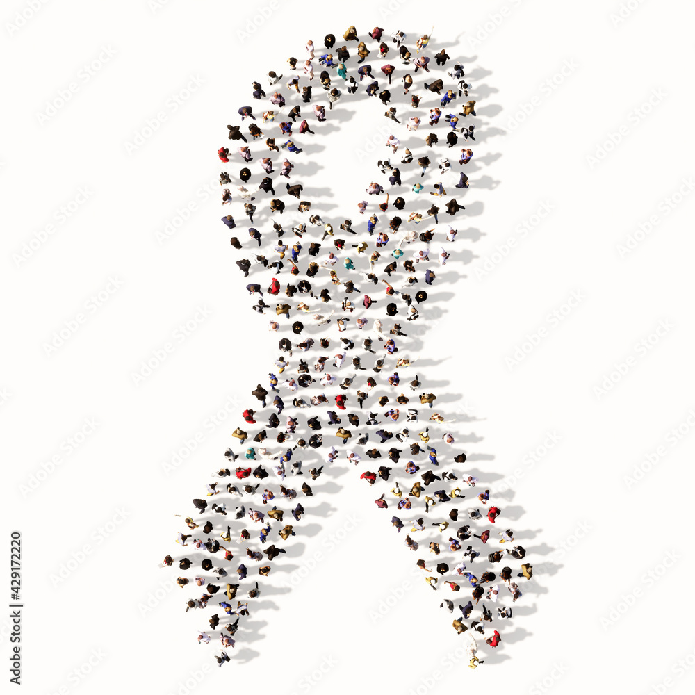 Concept conceptual large community of people forming the image of breast cancer symbol. 3d illustration metaphor for awareness, solidarity, life, prevention, support, help and cure Concept conceptual large community of people forming the image of breast cancer symbol. 3d illustration metaphor for awareness, solidarity, life, prevention, support, help and cure