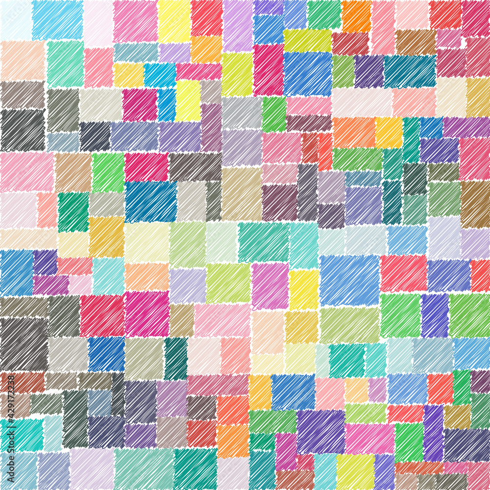 Colorful square and rectangle shape drawings with lines in a row as mosaic tiles. Vector illustration.