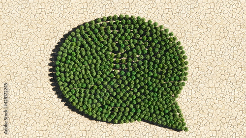 Concept or conceptual group of green forest tree on dry ground background, cloud sign. 3d illustration metaphor for communication, online talking, chatting, internet discussion