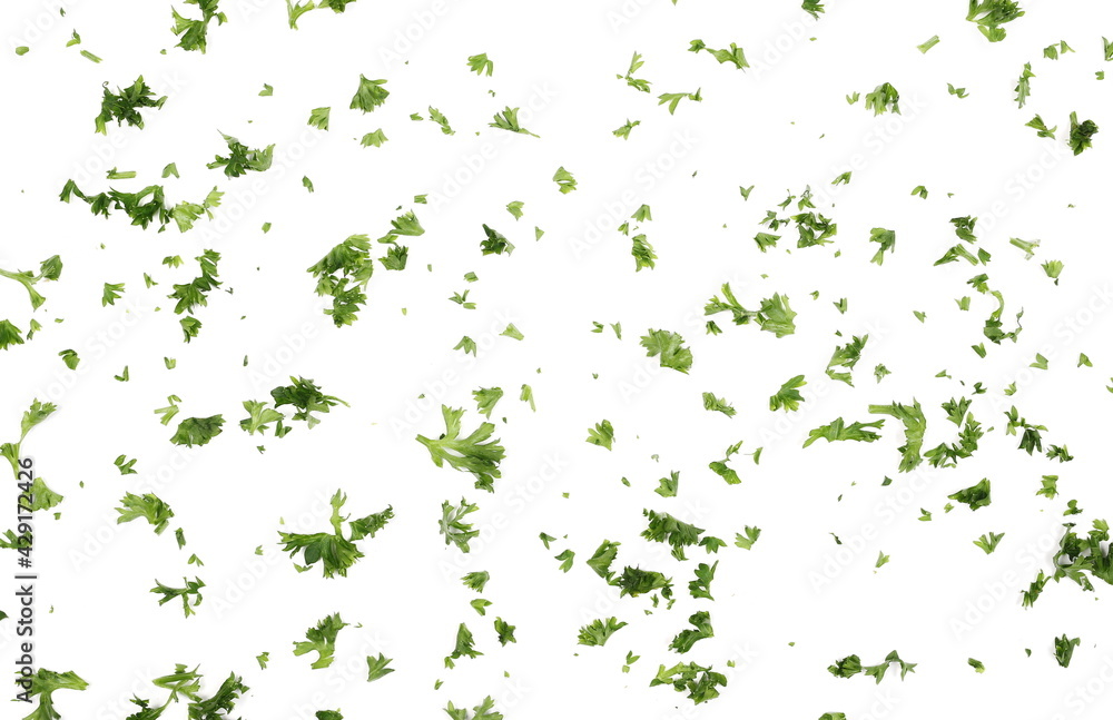 Fresh green sliced French parsley leaves isolated on white background, top view Fresh green sliced French parsley leaves isolated on white background, top view