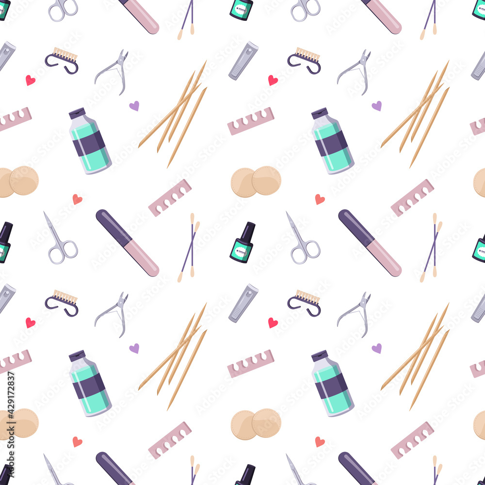 Seamless pattern with a bottle of nail polish and manicure tools. Cute print for beauty salon and fashion master. Hand health care. Vector flat illustration. Seamless pattern with a bottle of nail polish and manicure tools. Cute print for beauty salon and fashion master. Hand health care. Vector flat illustration.
