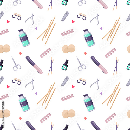 Seamless pattern with a bottle of nail polish and manicure tools. Cute print for beauty salon and fashion master. Hand health care. Vector flat illustration.