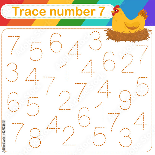 Vector Illustration of activity page for handwriting practice. Learning numbers for kids.Trace number design for learning handwriting.	
