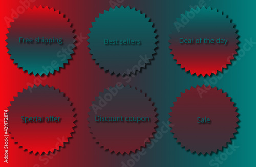 A set of stickers for the website and social networks, on the topic of online sales, smm with the words free shipping, best sellers, deal of the day, special offer, discount coupon, sale