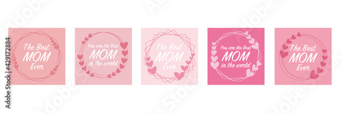 Collection of Mother's day wreath with texts. Heart decoration frame for Mother's day design. Vector illustration. 母の日のハートデコレーションフレームコレクション