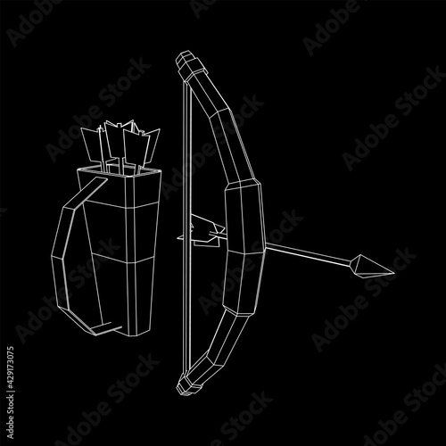 Medieval Bow and arrow archer weapon. Wireframe low poly mesh vector illustration.