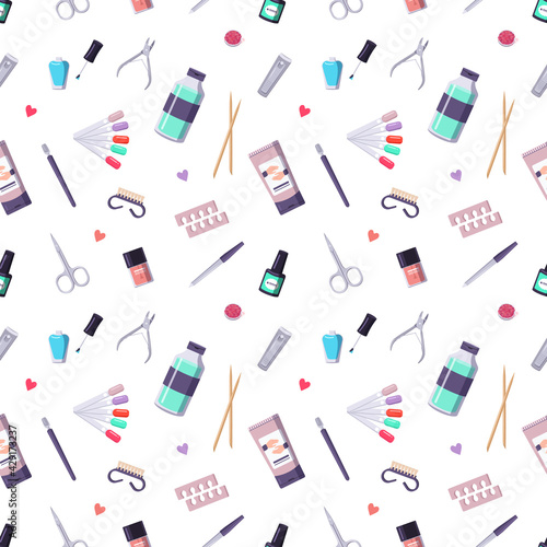 Seamless pattern with a bottle of nail polish and manicure tools. Cute print for beauty salon and fashion master. Hand health care. Vector flat illustration.