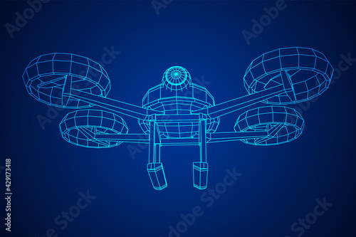 Remote aerial drone with a camera taking photography or video recording or deliver something. Wireframe low poly mesh vector illustration