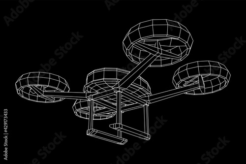 Remote aerial drone with a camera taking photography or video recording or deliver something. Wireframe low poly mesh vector illustration