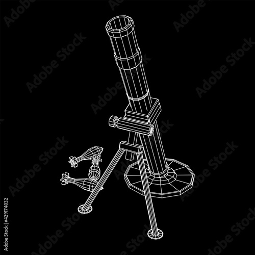 Firearm weapon army mortar and mine. Wireframe low poly mesh vector illustration