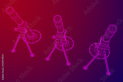 Firearm weapon army mortar and mine. Wireframe low poly mesh vector illustration
