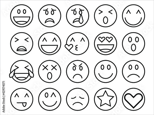 linear emoji icons, black white mono line design,  emoticon vector
