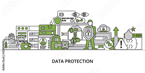 Infographic greenery Data Protection concept, modern flat thin line vector illustration