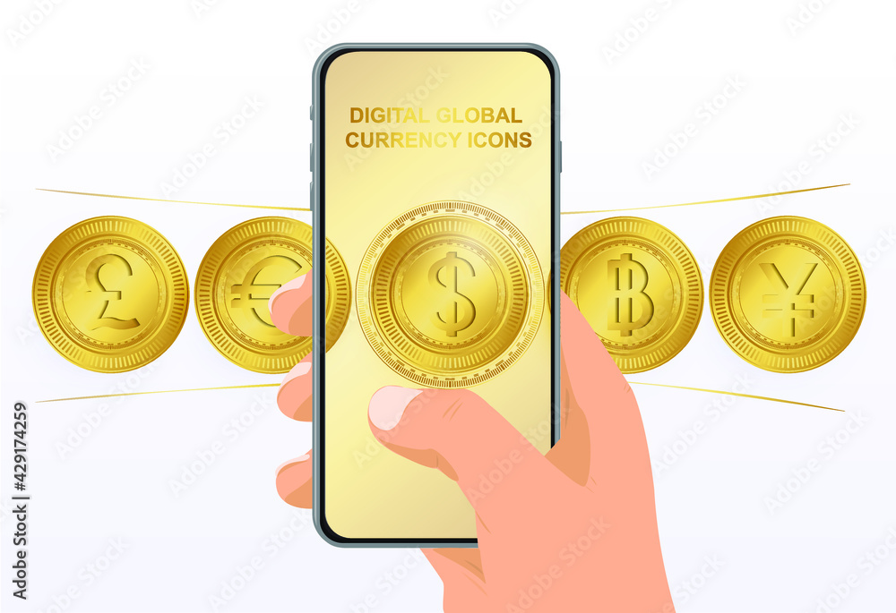 Digital global currency icons.Phone in hand with currency. Scroll