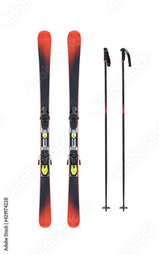 Pair of mountain skis and poles isolated on white background