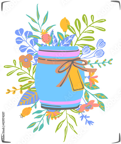 cute colorful jam jar decorated with flowers branches leaves isolated vector illustration