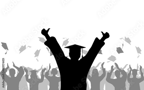 Cheerful boy graduate on background of joyful crowd of students people throwing mortarboards or academic caps, silhouette. Vector illustration