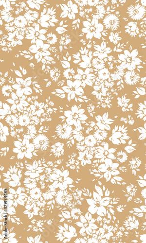 Hand-drawn white wildflowers on a beige background. Seamless pattern.