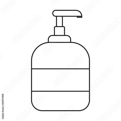 Jar with liquid antiseptic soap, foam for washing hands. Black and white icon...