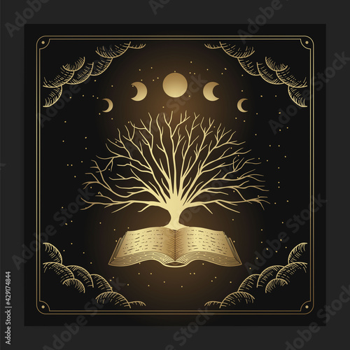 Ancient books and tree with engraving, hand drawn, luxury, esoteric, boho style, fit for paranormal, tarot reader, astrologer or tattoo