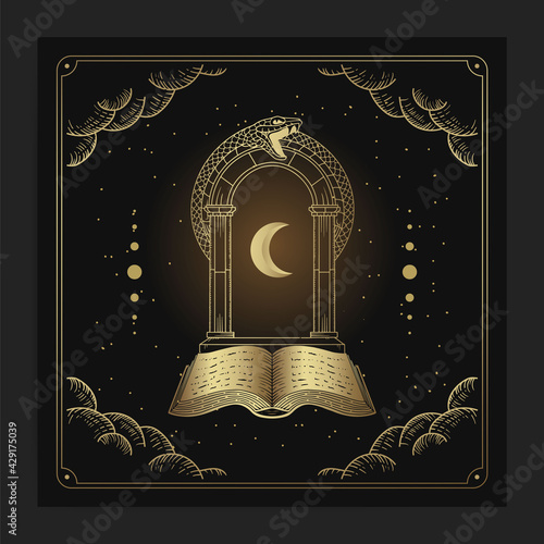 Ancient books with gates and crescent moons in engraving, hand drawn, luxury, esoteric, boho style, fit for paranormal, tarot reader, astrologer or tattoo